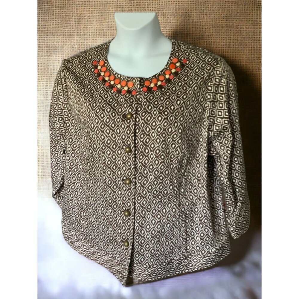 Ruby Rd Brown Diamond Pattern Cotton Blend Embell… - image 1